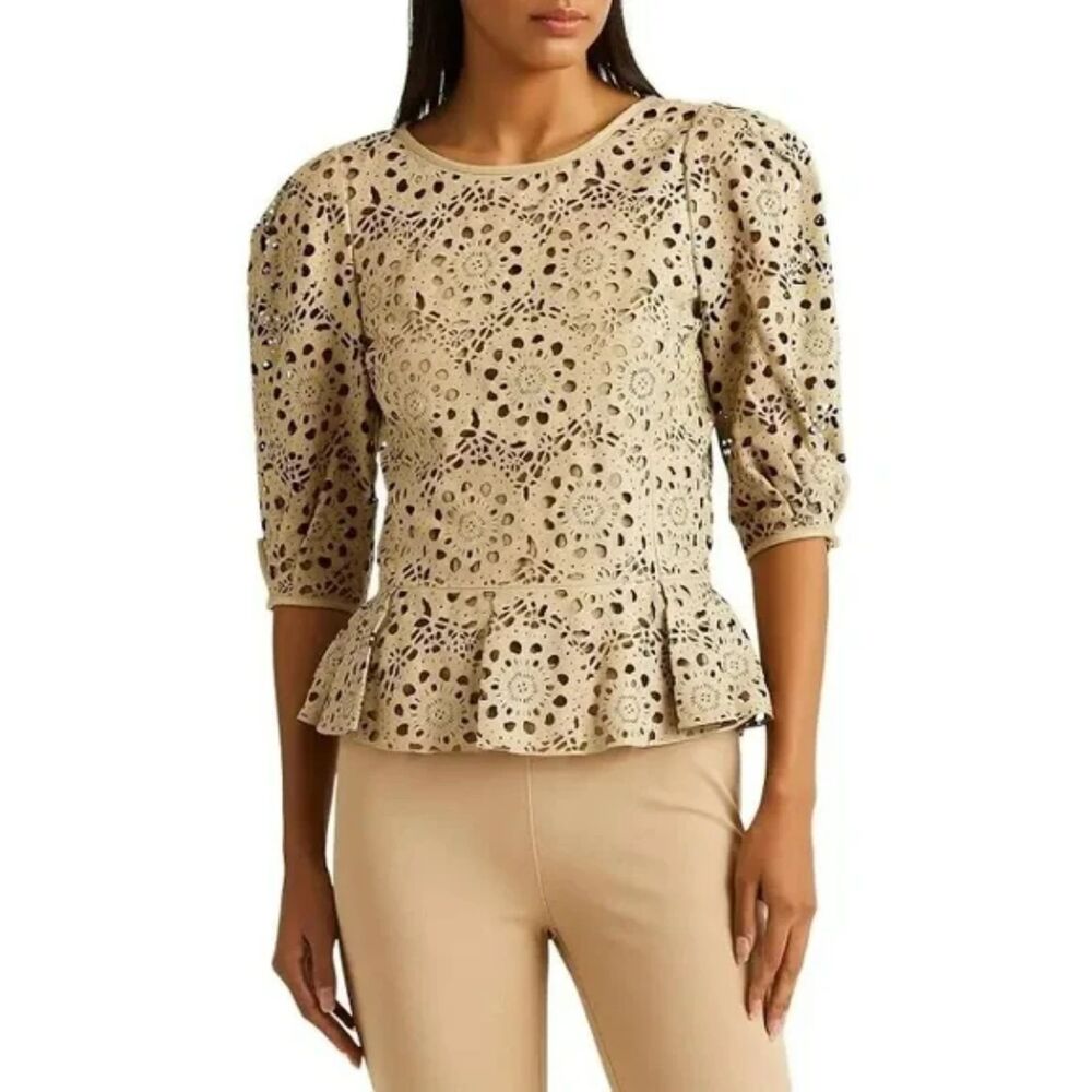LAUREN RALPH LAUREN Lambskin Leather Laser Cut Peplum Top, Size 12, NWT